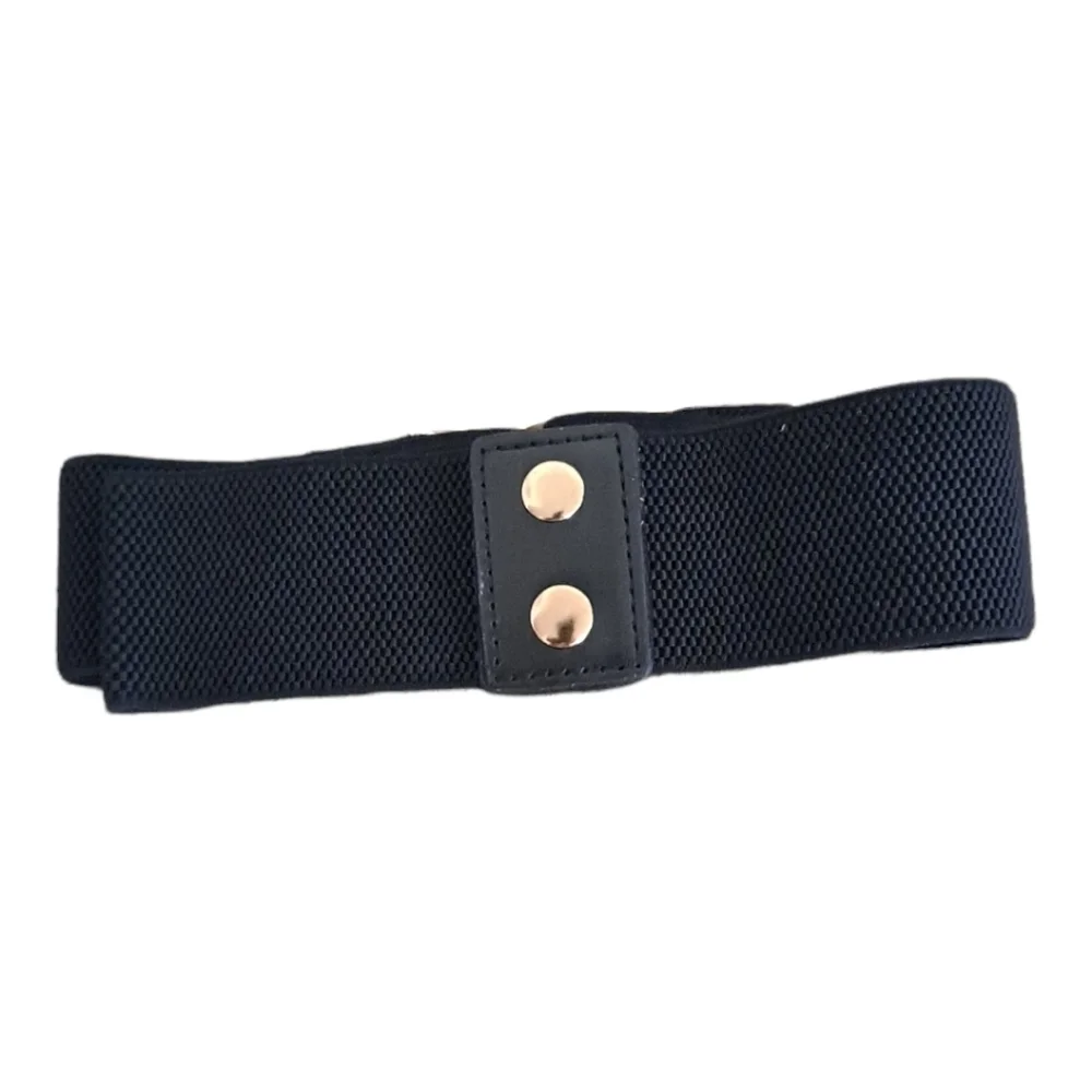 Black Stretch Wide Waist Belt Gold Triple Ring Buckle Elastic Classic Statement